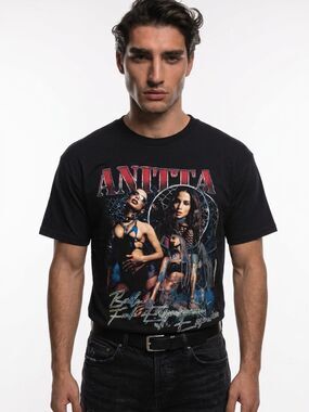ANITTA | Black Graphic Band Tee with Multicolor Print Unisex Size Medium